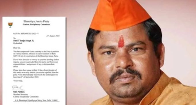 BJP suspends Telangana MLA T Raja Singh over Prophet remark