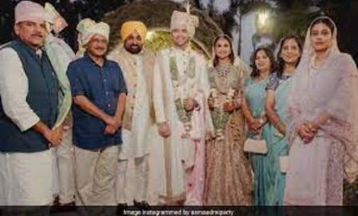 Newlyweds Raghav Chadha, Parineeti Chopra pose with CMs Kejriwal, Mann