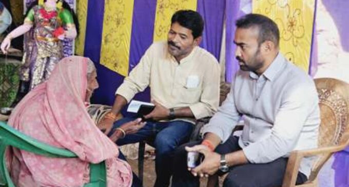 Minister Priti Ranjan Ghadai listening to grievances of an elderly woman in Sukinda on Wednesday