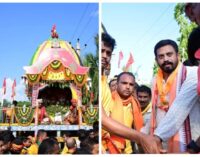 Dharamshala MLA Himanshu Sekhar Sahoo pulling chariot at Bhalukhai Rath Yatra in Jajpur district on Sunday
