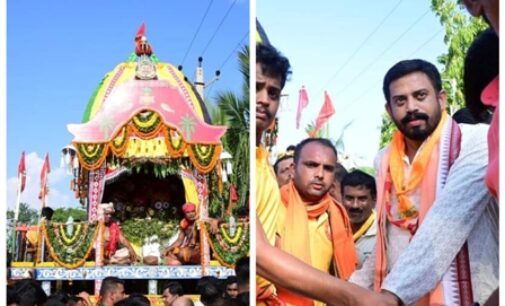 Dharamshala MLA Himanshu Sekhar Sahoo pulling chariot at Bhalukhai Rath Yatra in Jajpur district on Sunday