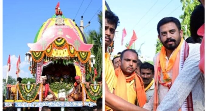 Dharamshala MLA Himanshu Sekhar Sahoo pulling chariot at Bhalukhai Rath Yatra in Jajpur district on Sunday