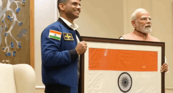Shubhanshu Shukla meets PM Modi, gifts tricolour he carried into space