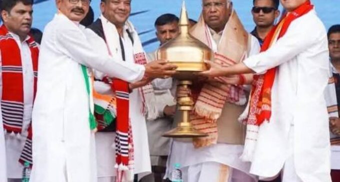 Karnataka Deputy Chief Minister D. K. Shivakumar, former Chhattisgarh Chief Minister Bhupesh Baghel, and APCC President Gaurav Gogoi attend election rally in support of Meera Borthakur in Dispur