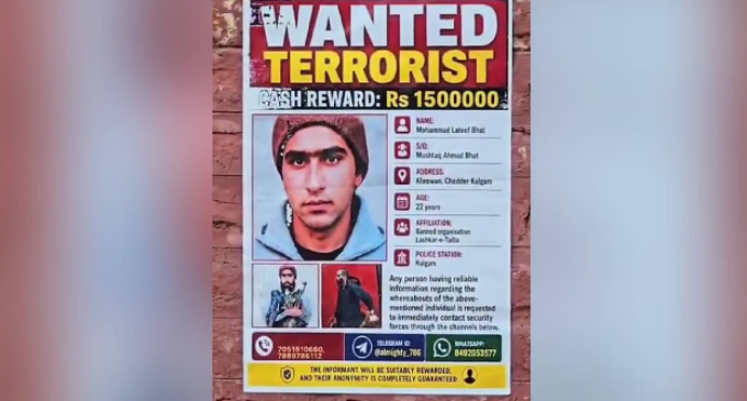 Police announce Rs 15 lakh reward for LeT militant suspected to be behind twin attacks in Kashmir